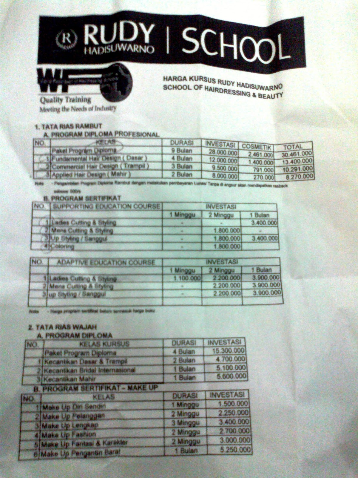 Daftar Harga Salon Johnny Andrean Training 2017 - Friseur