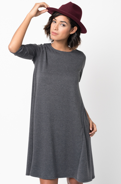 Charcoal Pocket Terry A Line Dress Swing Long Sleeve Crew Neck