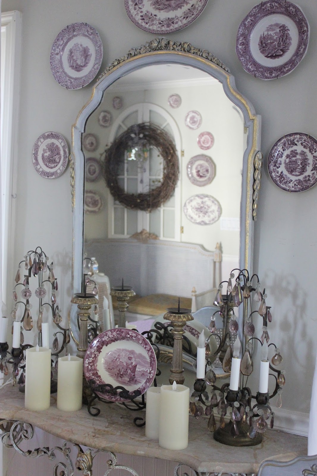 Maison Decor Purple Transferware Wall Display and Floral Arrangements