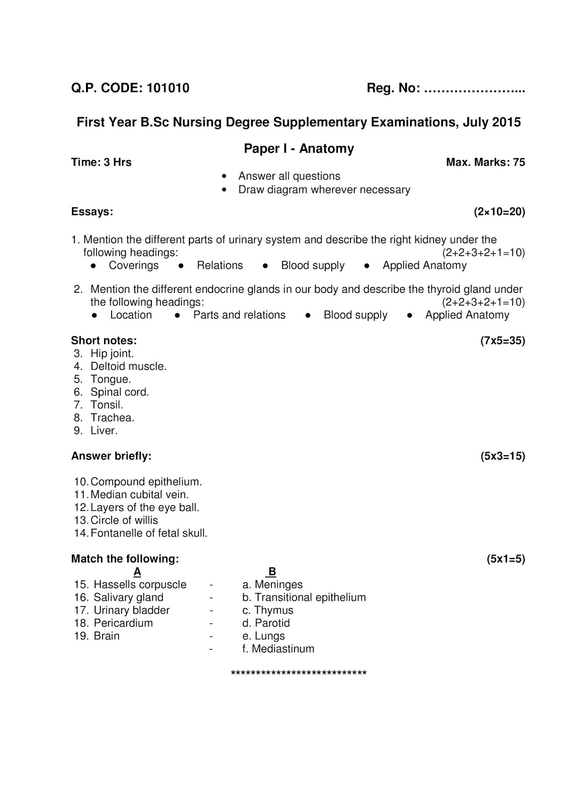 KUHS PREVIOUS QUESTION PAPER ANATOMY