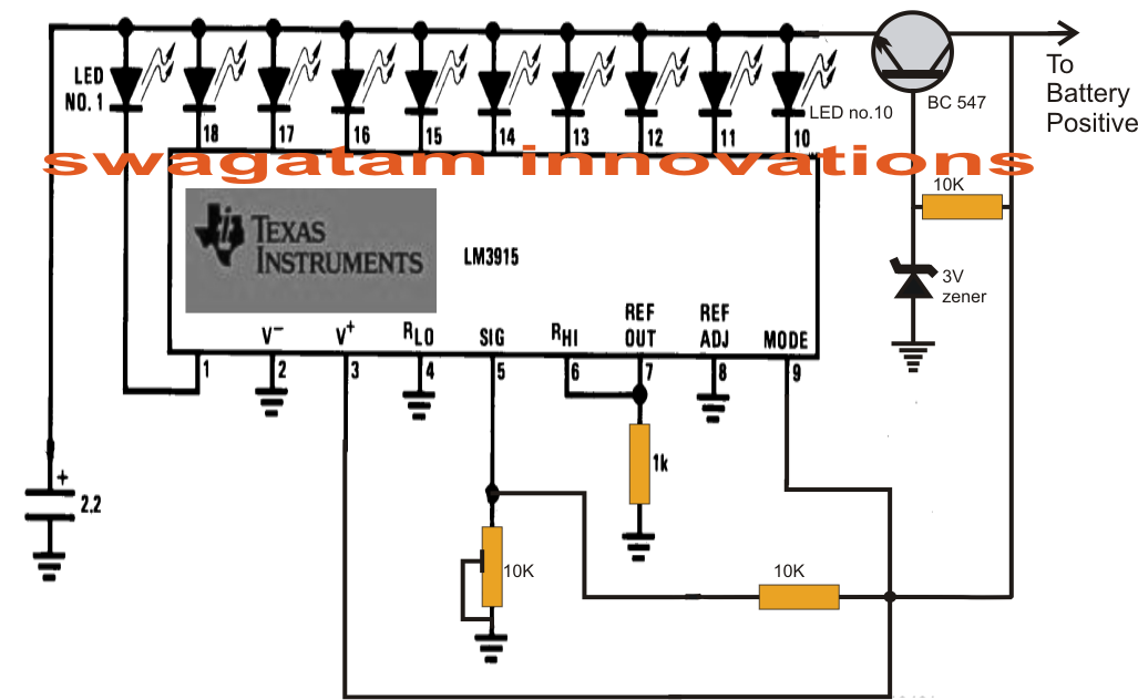 Make this 10 Step Battery Voltage Monitor Circuit | Circuit Diagram Centre