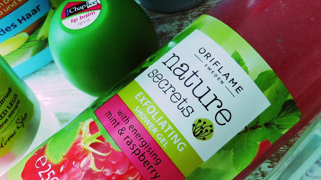 REVO lip balm watermelon, ORIFLAME exfoliating shower gel with mint and raspberry
