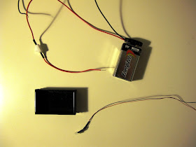 Nine-volt battery with wires and switch, and a miniature light bulb.