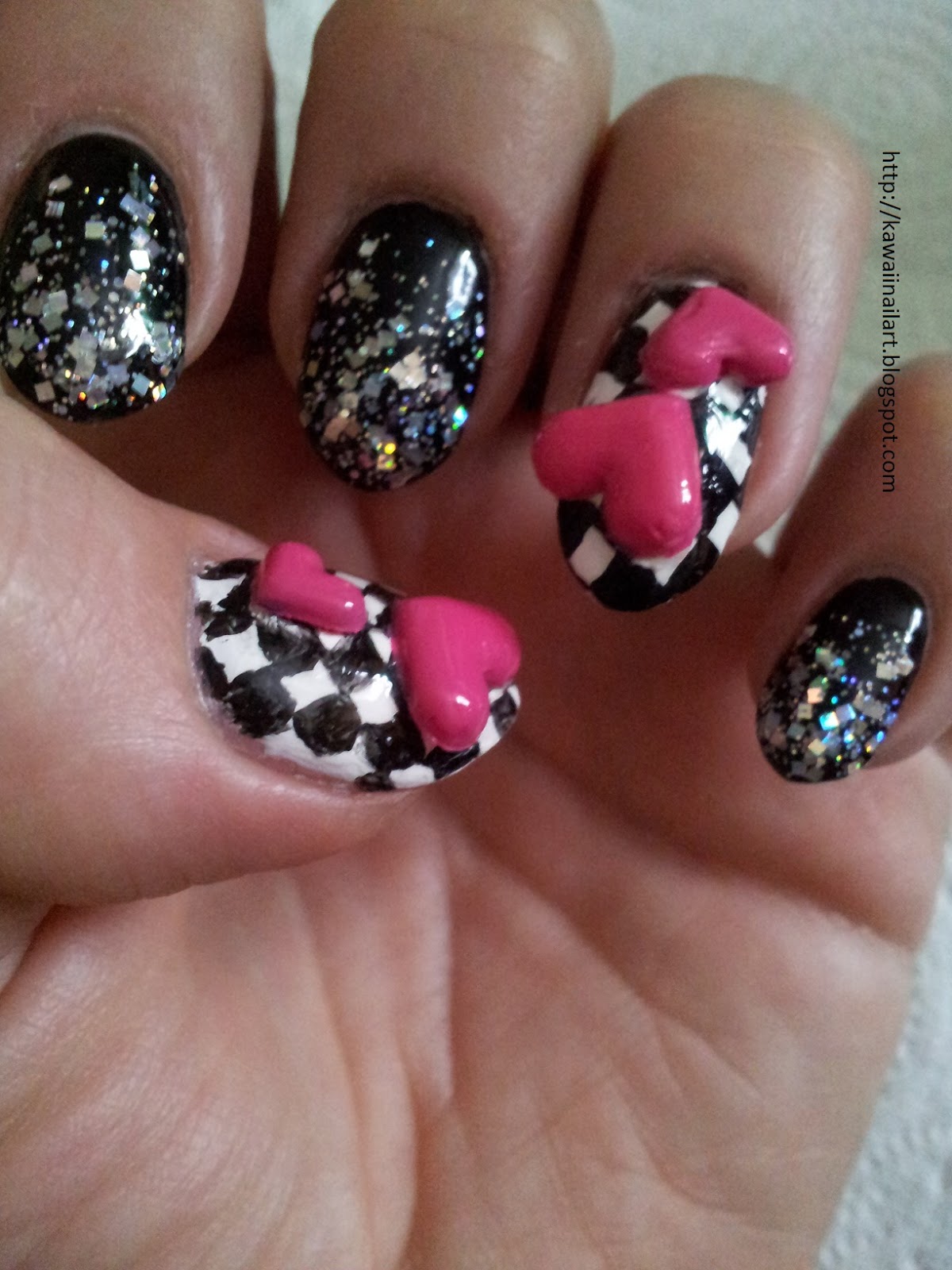3d+nail+art+pink+hearts+black+and+white+chequer+board+nail+technician
