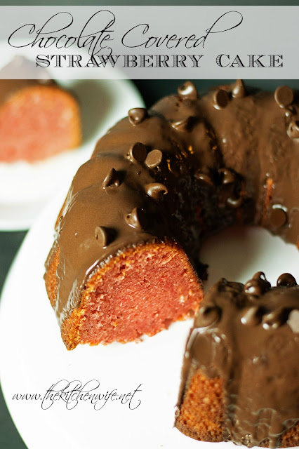 A picture of a chocolate covered strawberry cake with the title written on in. 