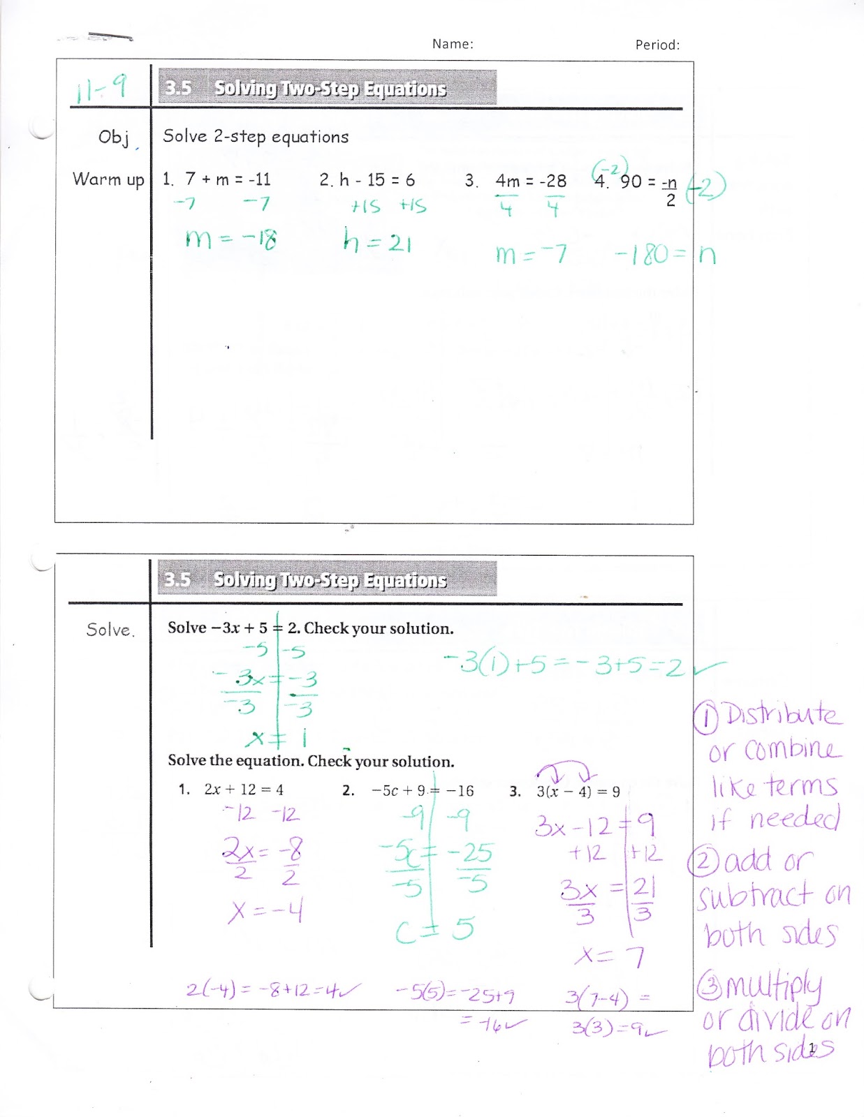 Ms. Jean's Classroom Blog: 3-5 Solving Two-Step Equations from 11/9