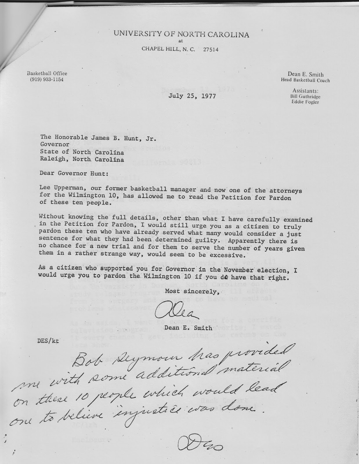 The Cash Roc EXCLUSIVE DEAN SMITH S PARDON LETTER FOR WILMINGTON TEN 