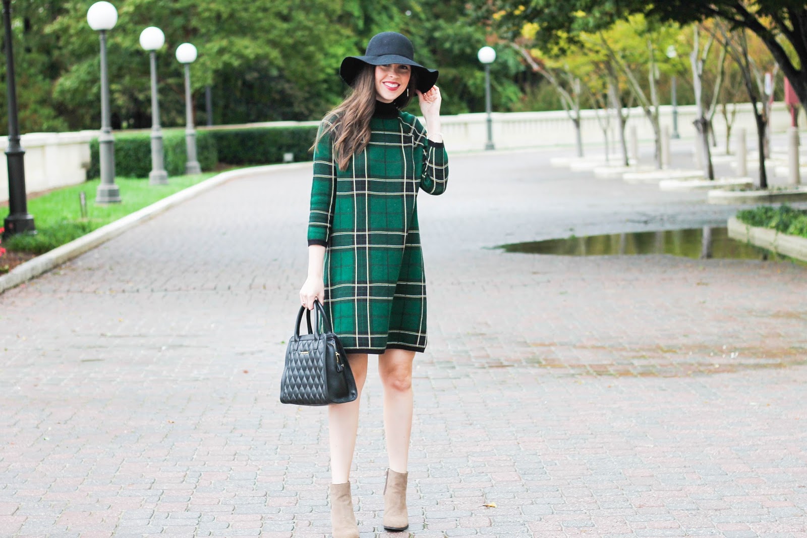 plaid sweater dress, fall outfit, fall style, asos plaid turtleneck dress, dark green dress, tan suede booties, sole society, ASOS, Vera Bradley, quilted leather satchel, black floppy hat, winter outfit, trends for fall, fashion blogger, raleigh, north carolina blogger