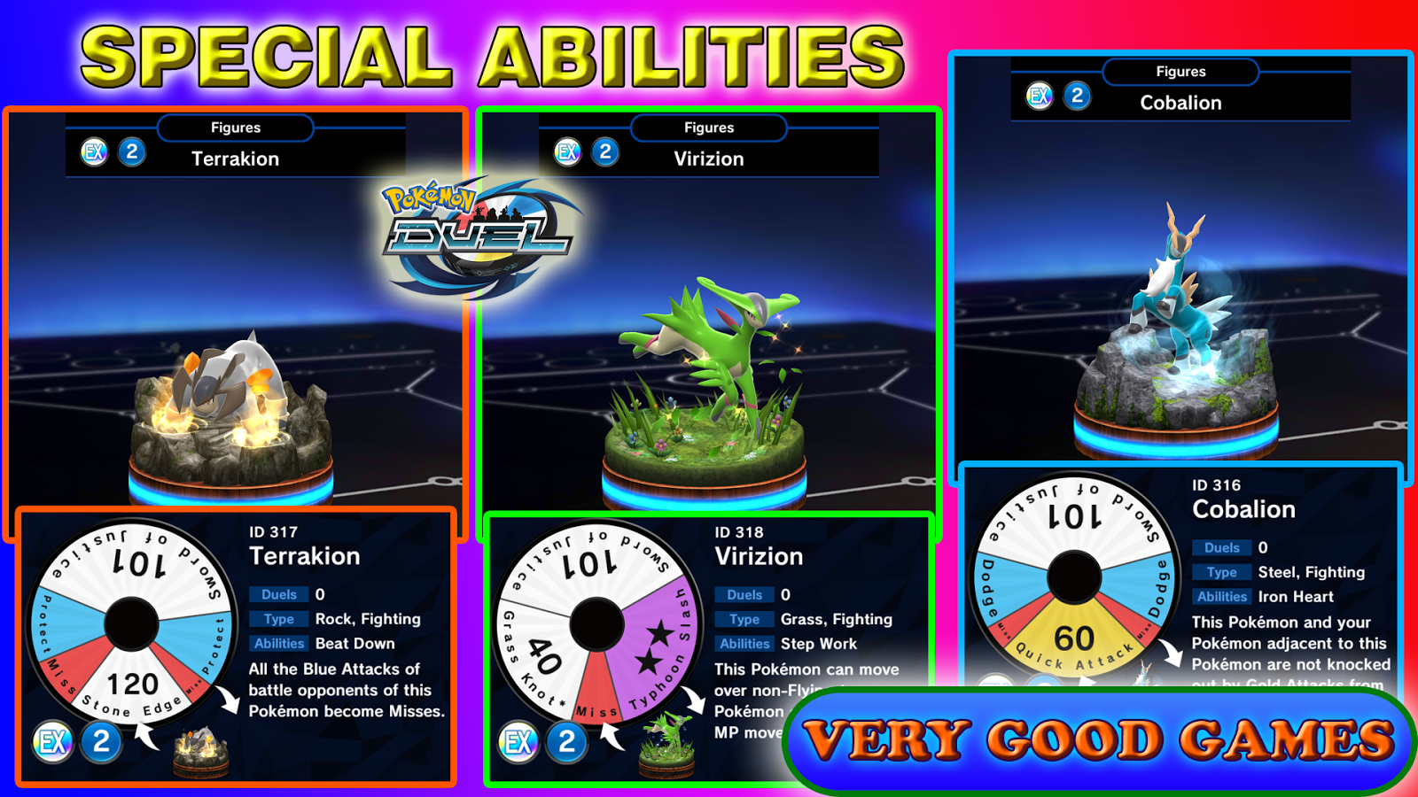 A banner with examples of special abilities of Pokemon figures in the Pokemon Duel game