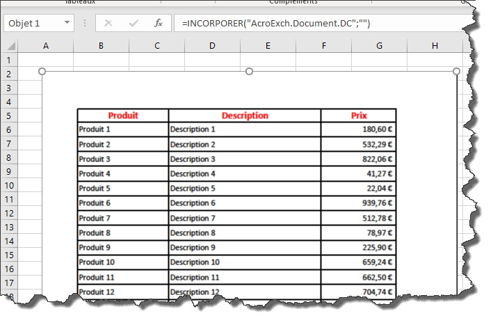 Apercu objet PDF  inséré dans Excel
