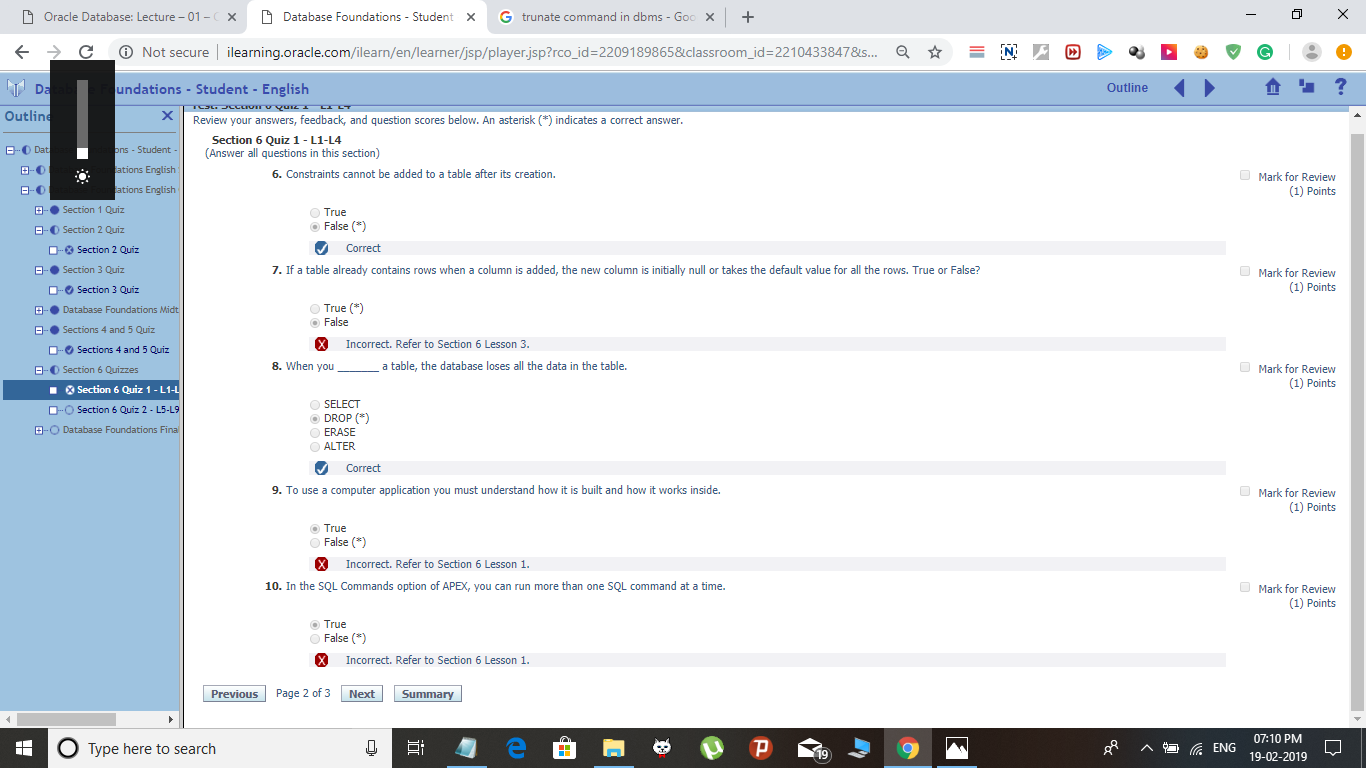 Oracle Quiz Answers Section 6 Quiz Database Foundation