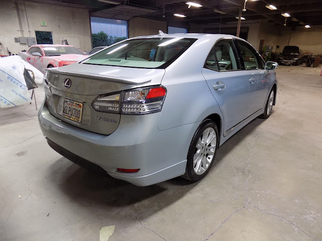 Rear-ended Lexus HS250h after auto body repairs at Almost Everything Auto Body.