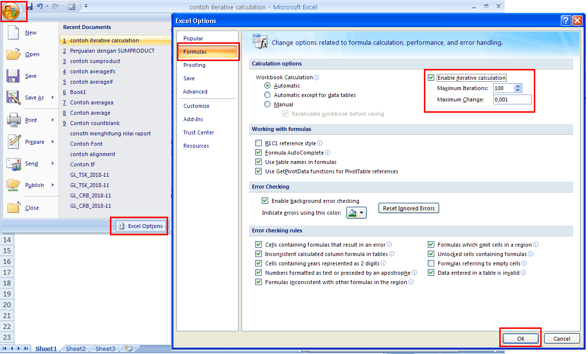 Mengatasi error circular reference warning dengan mengaktifkan hidangan n iterative calculation 