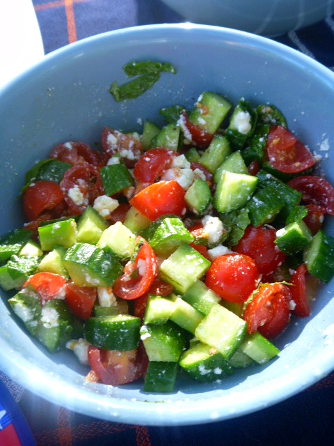 Feta Chopped Salad:  A wonderful Mediterranean inspired salad bursting with fresh cucumbers and tomatoes and a soft mild feta cheese and dressed lightly with lemon and olive oil.  Delish!!!  - Slice of Southern