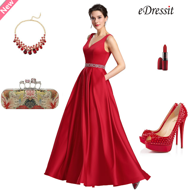 Red Beaded waistline Plunging V Neck Formal Prom Dress 