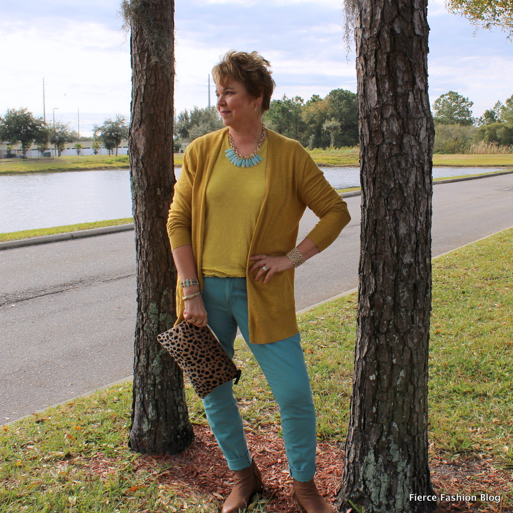 Mustard Cardigan and Teal Jeans Art Inspired Fierce Fashion