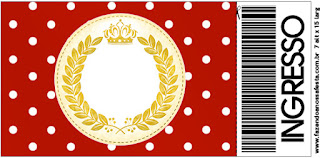 Tarjeta con forma de Ticket de Corona Dorada en Rojo.