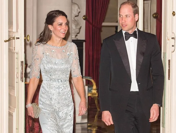 Kate Middleton the Duchess of Cambridge wore an elegant ice blue Jenny Packham gown for Gala Dinner at the British Embassy in Paris