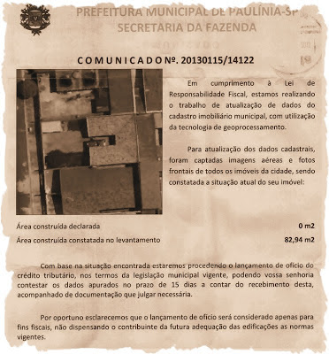 Reprodução de comunicado emitido pela Prefeitura Municipal de Paulínia, sobre construção sem "Habite-se".