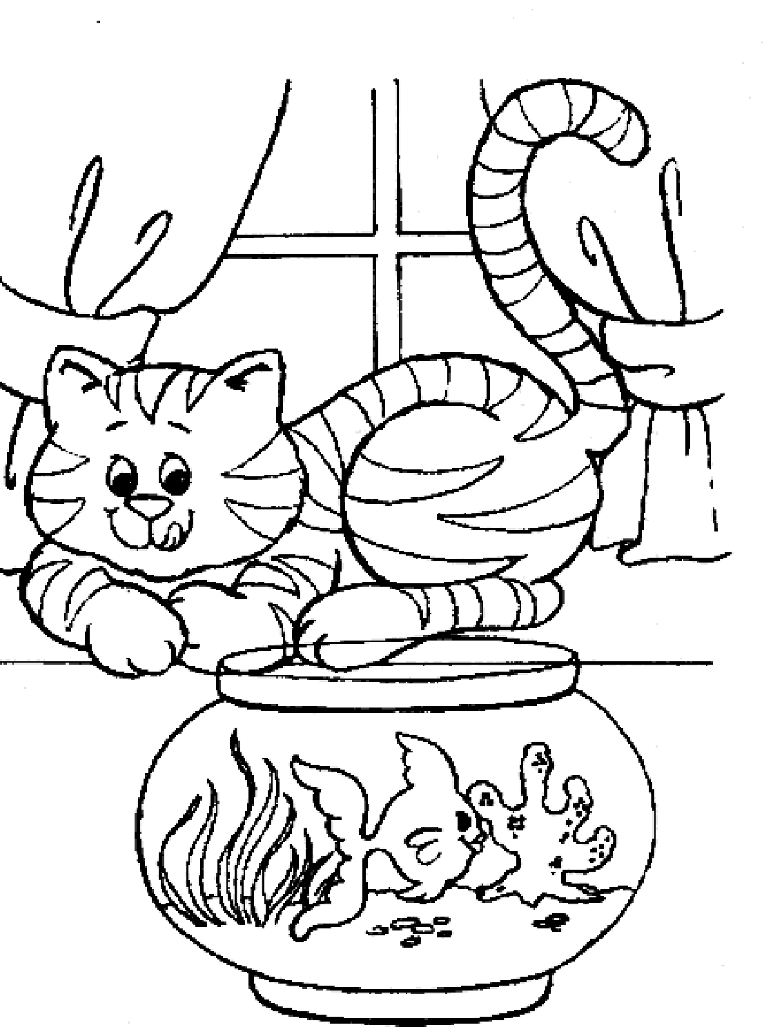 Beautiful Cat With Fish Coloring Page for Kids of a Cute Cartoon Colour