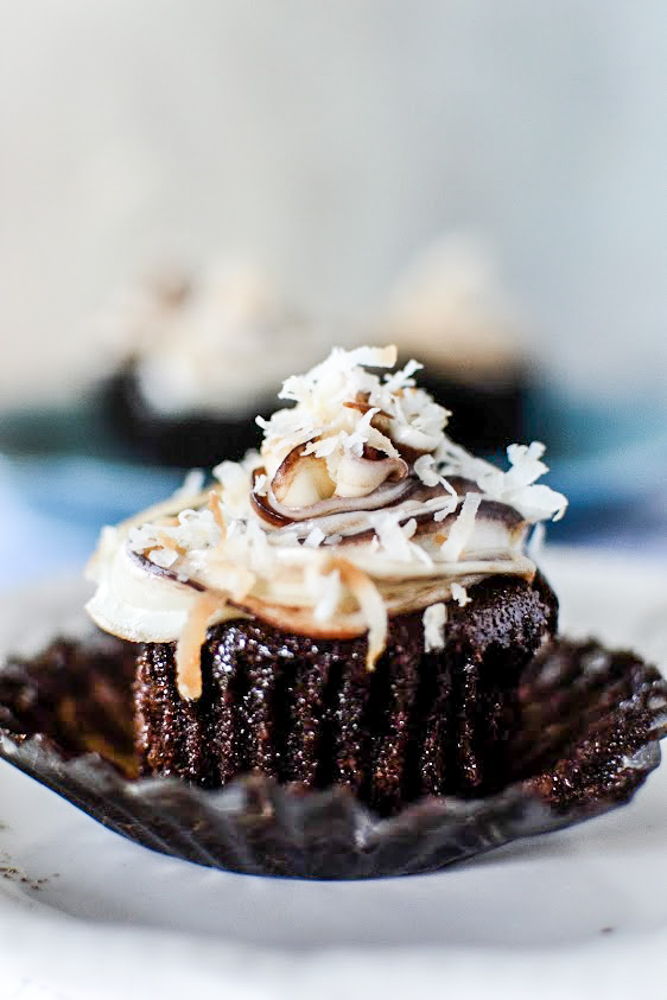 Chocolate Cup Cake with cream cheese toasted coconut frosting Forks N