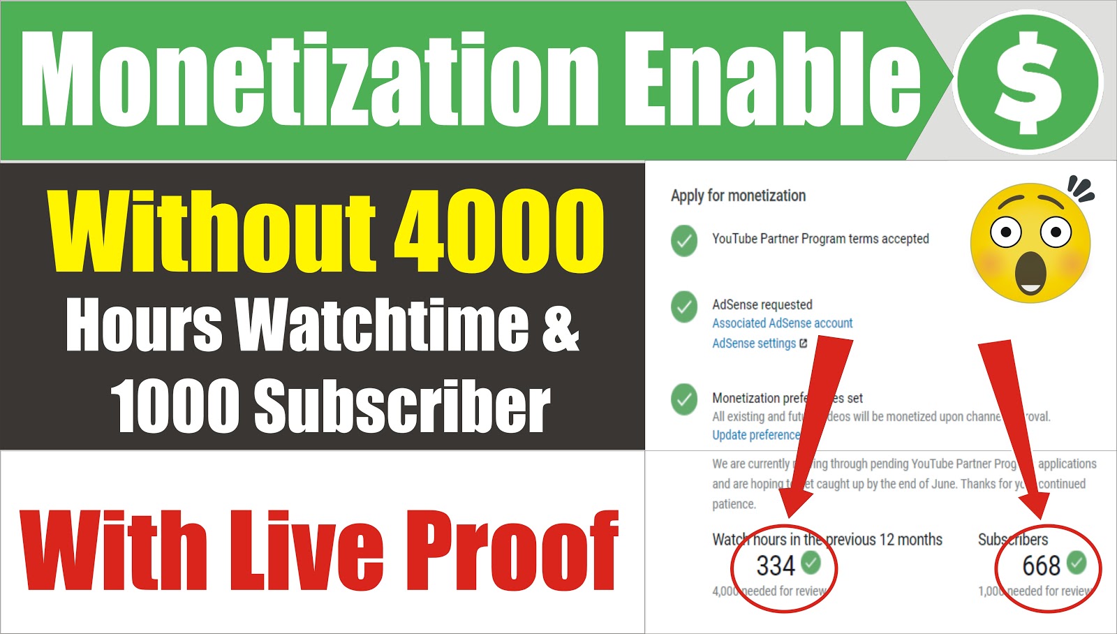 Enabled without. Youtube monetization. 4000 Watch hours + 1000 subscribers. Youtube monetization example.