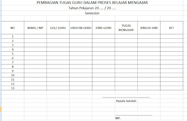 Format Buku Jadwal Pembagian Tugas Mengajar Guru