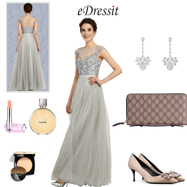 Grey Elegant Sleeveless Lace Applique Formal Women Dress