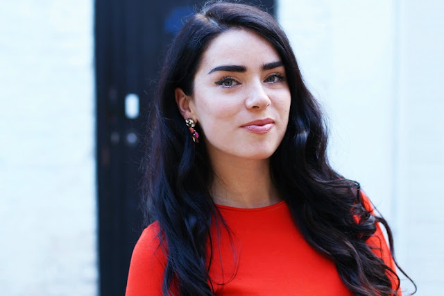 Orange dress and earrings - London fashion blogger Emma Louise Layla
