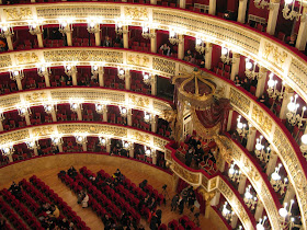 Inside Teatro di San Carlo, looking down  from above the royal box