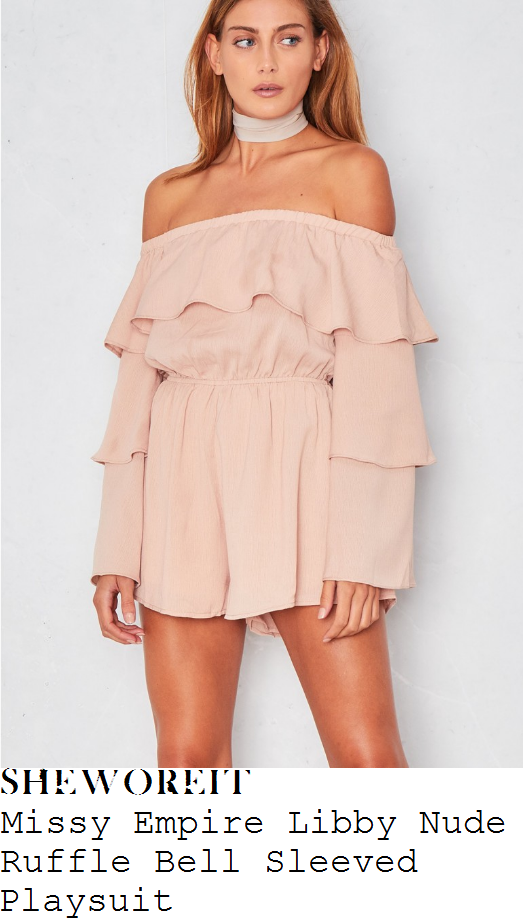 chloe-lewis-missy-empire-libby-nude-pink-long-tiered-bell-sleeve-off-the-shoulder-bardot-neckline-ruffle-frill-detail-draped-playsuit