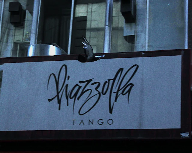 Paloma sobre cartel de Piazzolla tango.