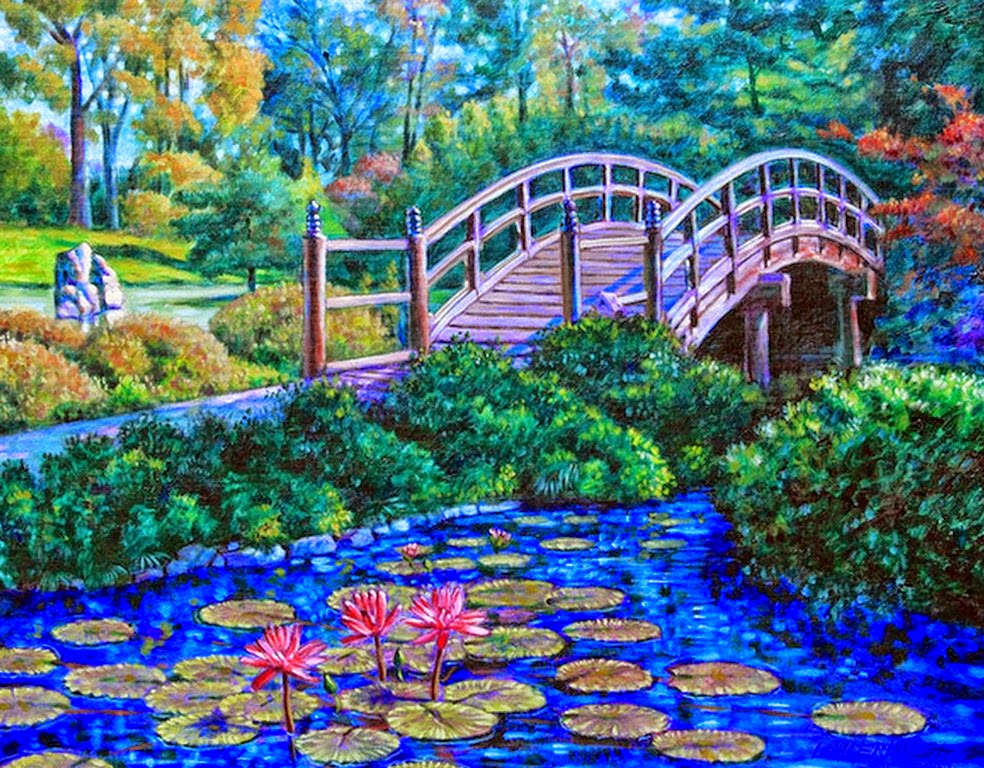 cuadro-de-paisaje-con-flores-y-puentes