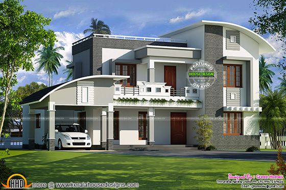 Curved roof+flat roof Kerala house plan