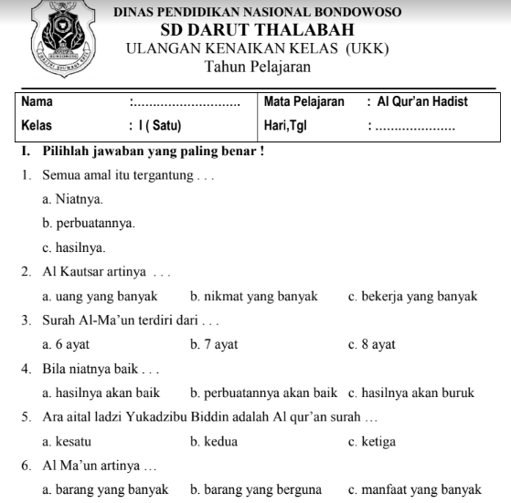 Soal UKK/PAT Qur'an Hadits Kls 1 MI Semester 2 Kurikulum 2013 File