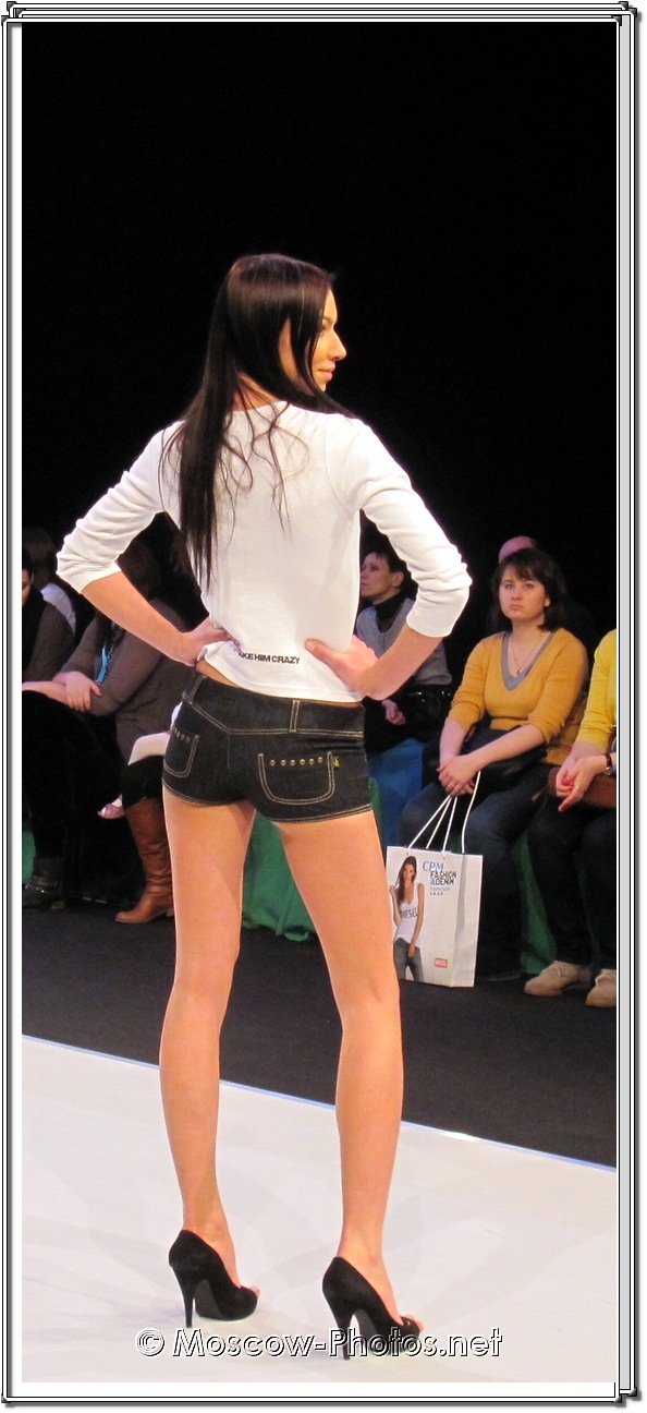 Long Legs Fashion Model In Micro Shorts. Collection Premiere Moscow 2012.