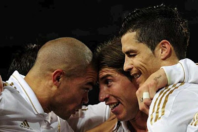 Pepe, Sergio Ramos and Cristiano Ronaldo celebrates a goal
