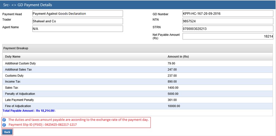 Payment against GD PSID Generated Page