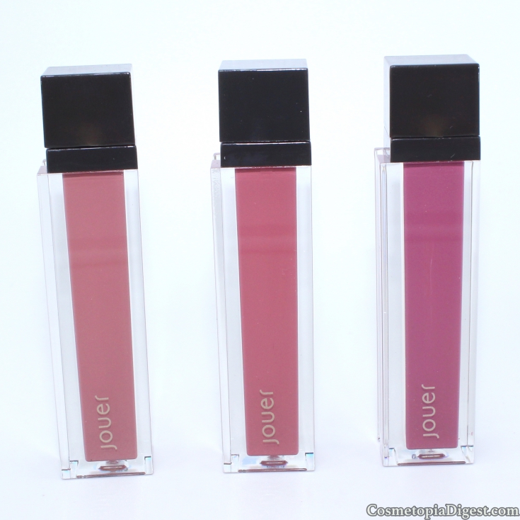 Review and swatches of Jouer Long-Wear Lip Creme Liquid Lipsticks in Cassis, Lychee and Petale de Rose