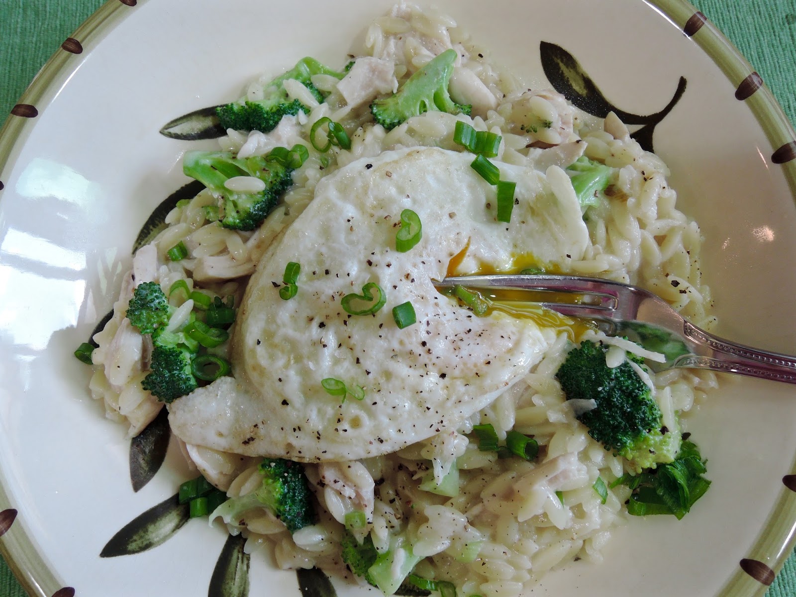The Briny Lemon Creamy Chicken Orzo with Broccoli and Fried Egg