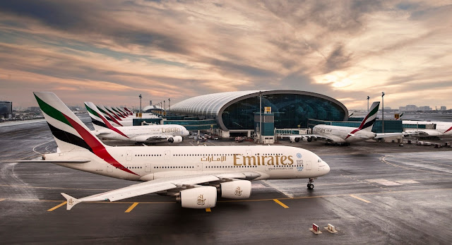 Dozens of A380-800 of Emirates At Dubai Terminal