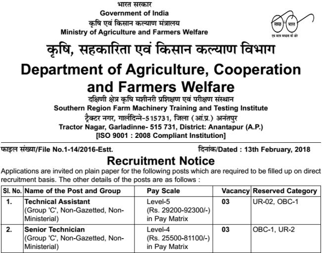 Requirement in Ministry of Agriculture and Farmers Welfare (Agricoop
