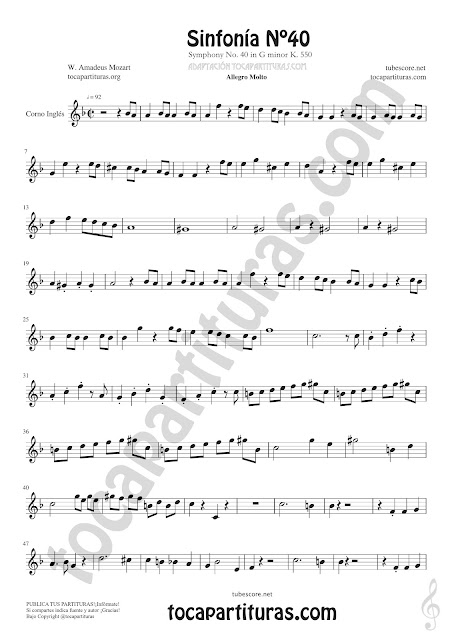 Partitura de Corno Inglés de Sinfonía Nº40 de Mozart Sheet Music for English Horn Music Scores