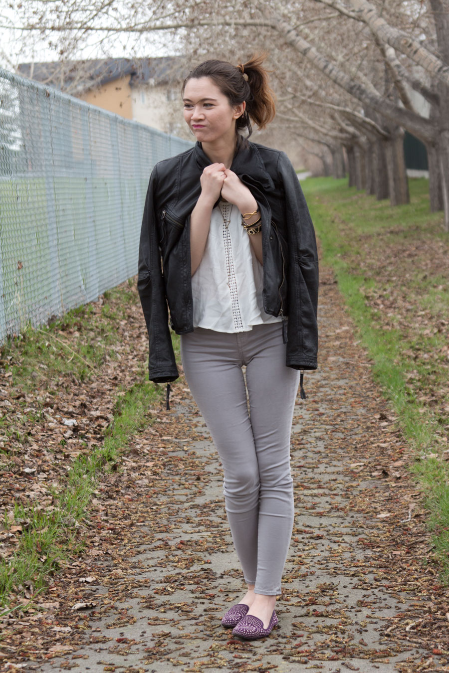 BCBGENERATION, J Brand, Spring Fashion, Nasty Gal, Juicy Couture, ASOS, leather jacket, grey jeans, Danier