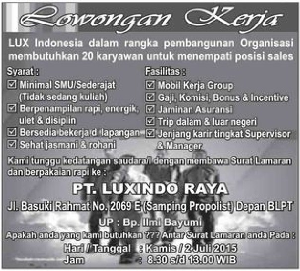 Loker Pt Luxindo Raya Palembang Karir Palembang