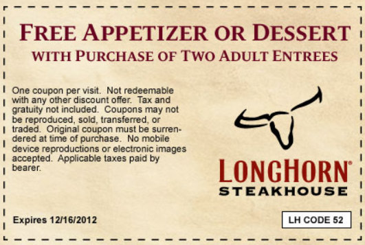 Longhorn Free Appetizer Printable Coupon 2023