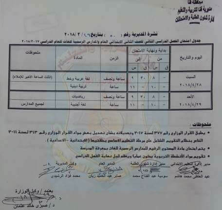 جدول مواعيد امتحانات اخر العام 2018 محافظة قنا