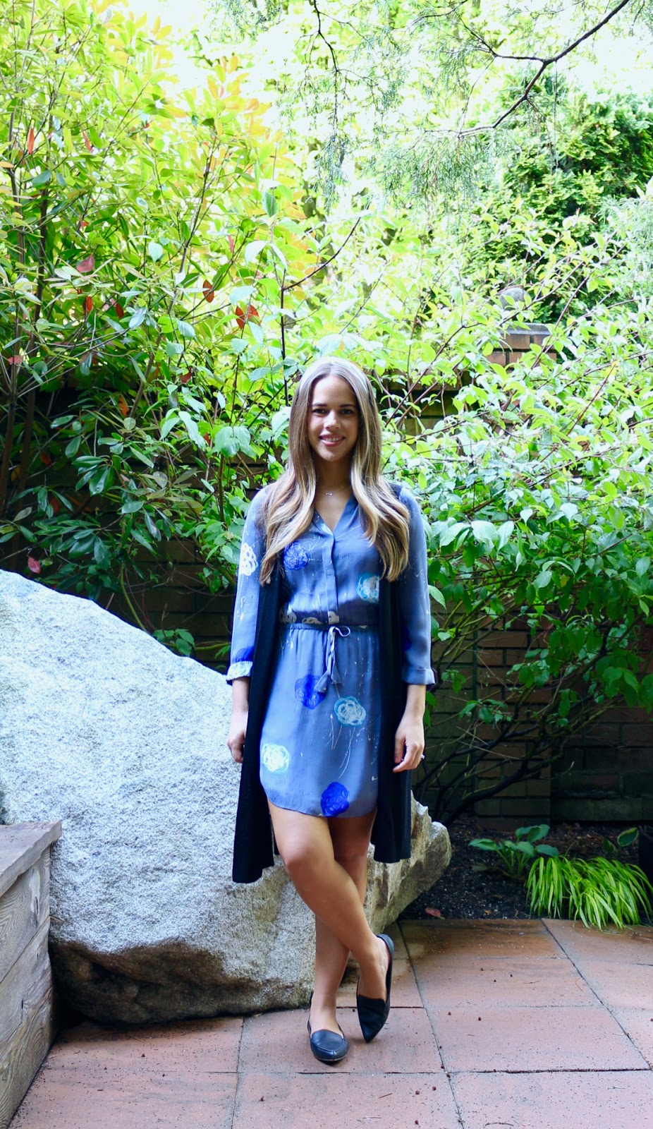 Jules in Flats - Aritzia Silk Shirtdress with Long Vest and Headband (Business Casual Spring Workwear on a Budget)