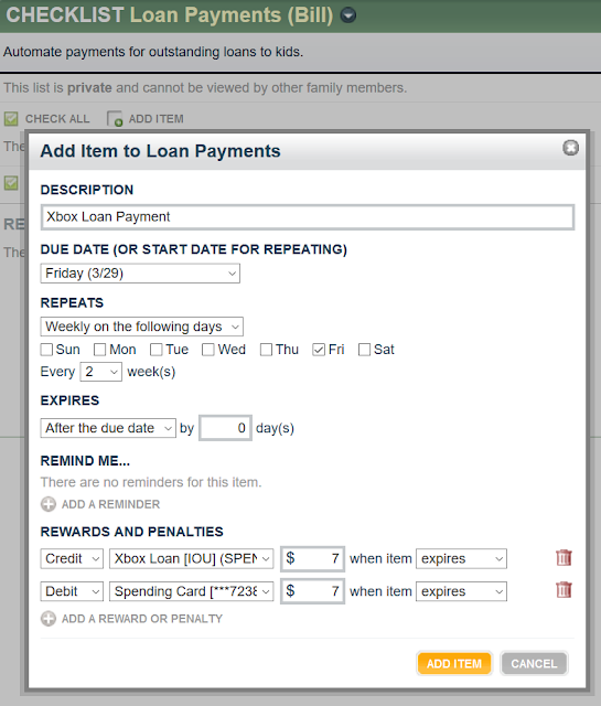 Checklist item form with repayment options.