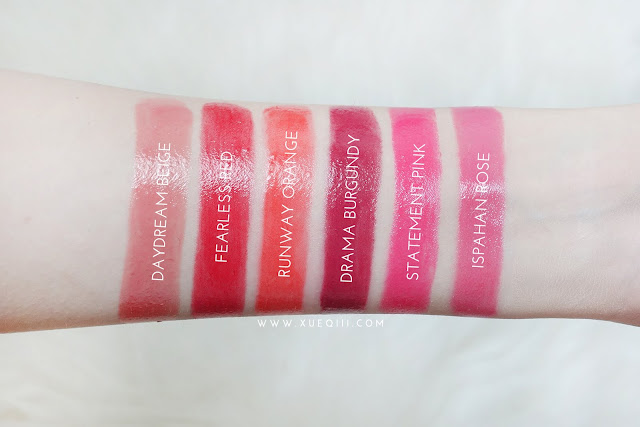L'Oreal Shine Caresse CC Genius Balm Swatches - Daydream Beige, Fearless Red, Runway Orange, Drama Burgundy, Statement Pink, Ispahan Rose